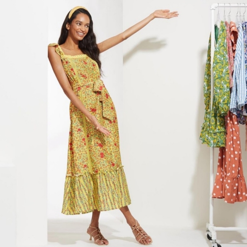 Roller Rabbit Rhody Stripe Zarela Midi Dress Yellow Floral Women's Size XL‎